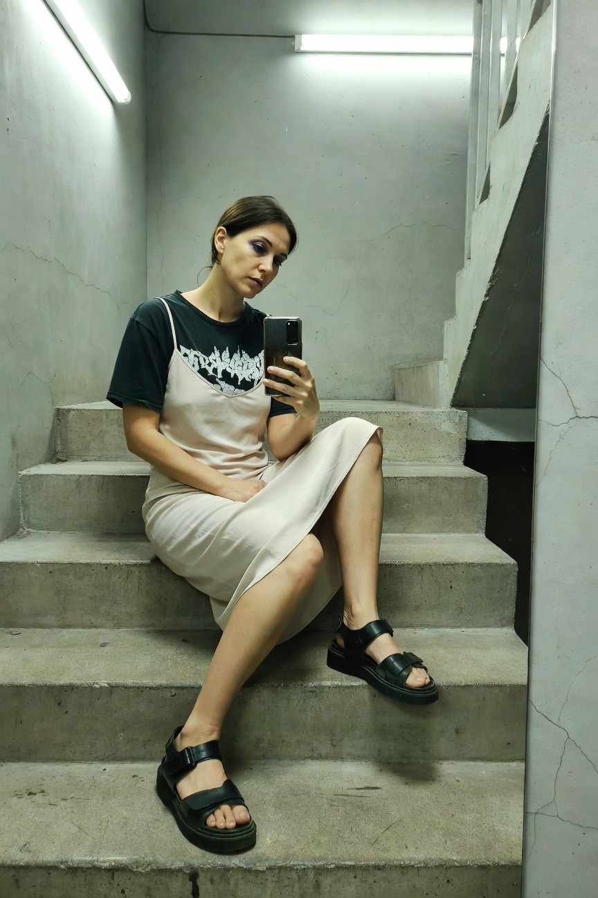 Woman seated on concrete stairs wearing oversized black graphic t-shirt with white abstract print layered beneath pale satin midi slip dress, accented by black chunky platform strappy sandals, holding phone for selfie in industrial setting