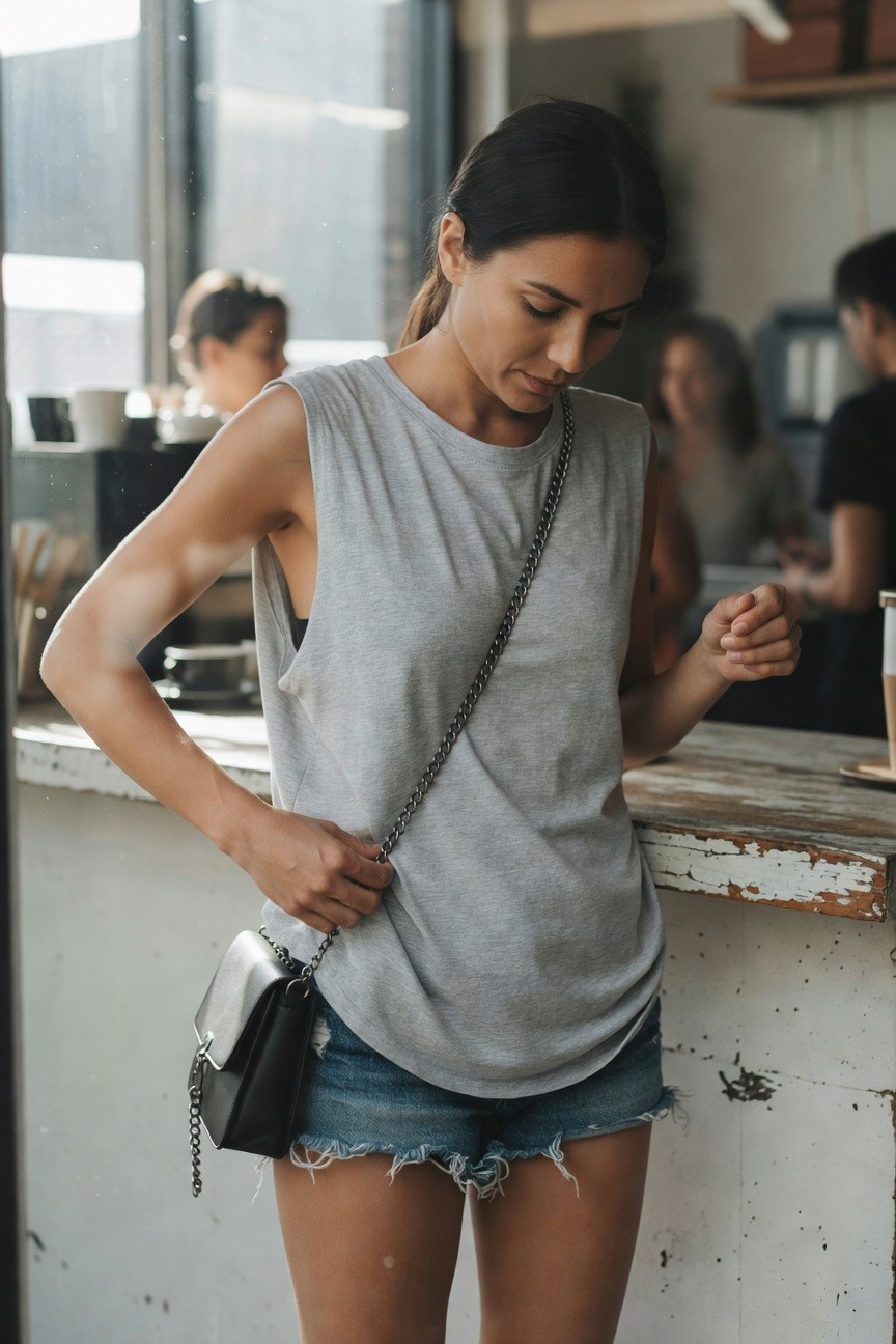 Woman leaning on a wooden cafe counter wearing a loose gray sleeveless tank top, black chain necklace, small black chain-strap crossbody bag, and short frayed blue denim shorts, with toned legs visible