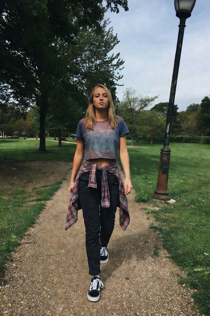 Young woman walking on gravel path in cropped purple galaxy-print t-shirt, red-and-black plaid flannel shirt tied at waist, black straight-leg pants, and black Vans sneakers with white soles, blonde hair loose.