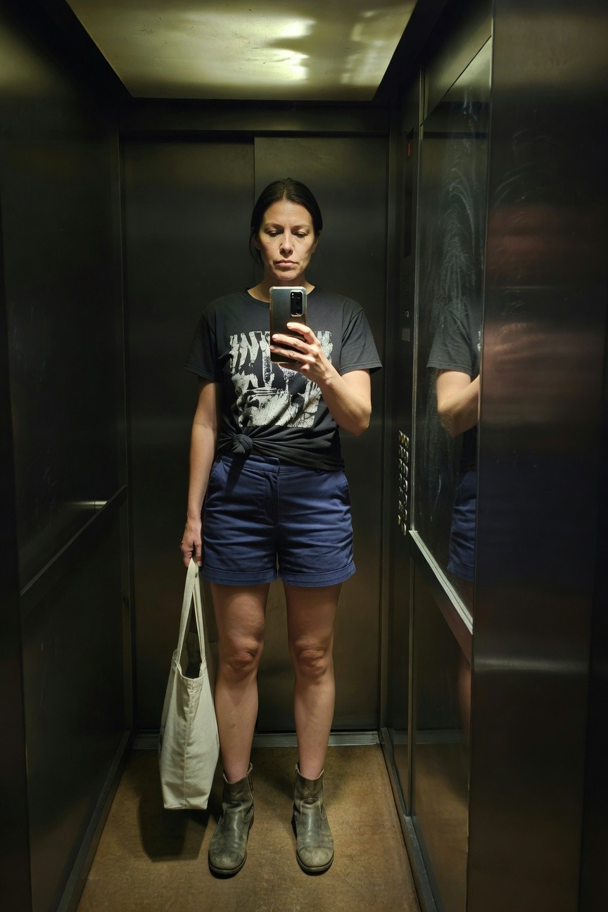 Woman taking elevator mirror selfie in black graphic print t-shirt knotted at waist, navy tailored shorts, white canvas tote bag, and worn gray leather ankle boots, dim lighting with reflections on dark walls