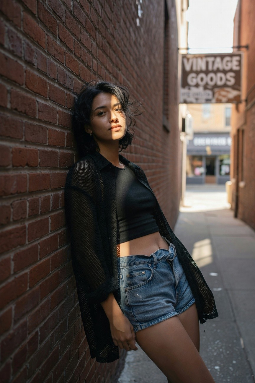 Young woman with dark wavy hair leaning against brick wall in sheer black mesh open shirt over black cropped tank top and high-waisted light wash distressed denim shorts with pocket details