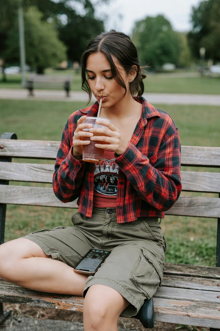 Young woman seated on wooden bench in open red-and-black plaid flannel shirt layered over graphic band tank top, paired with short olive green cargo shorts and black footwear, holding plastic cup with straw and smartphone