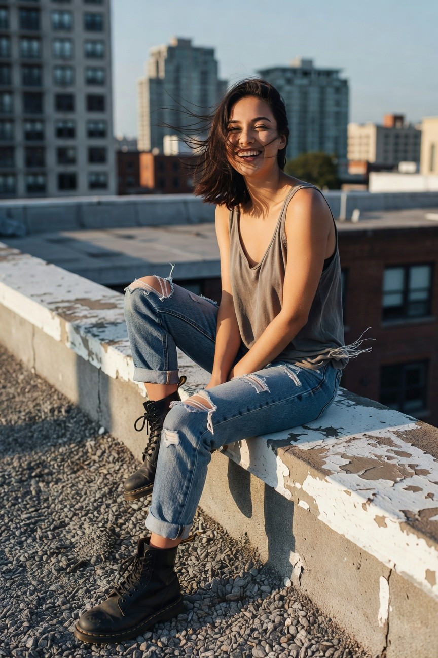 Young woman with shoulder-length dark hair smiling on rooftop edge, wearing gray sleeveless fringe-hem tank top, light blue distressed ripped jeans cuffed at ankles, and black laced combat boots, urban buildings in background