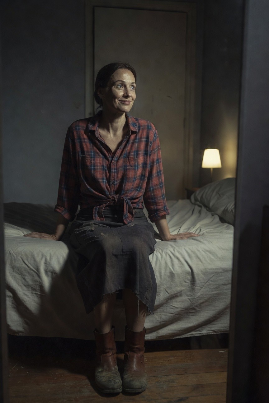 Woman sitting on bed edge in red plaid flannel shirt tied at waist over dark frayed denim skirt and brown leather boots, glasses and bun hairstyle, dim indoor lighting