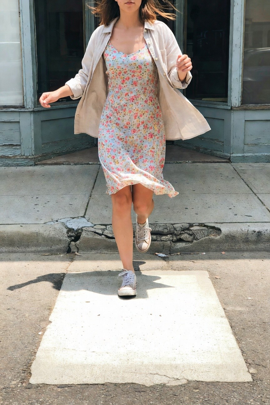 Woman in motion wearing a short light blue floral slip dress with pink and white flowers, open beige linen button-up shirt, and white high-top Converse sneakers, on a cracked sidewalk near a turquoise building