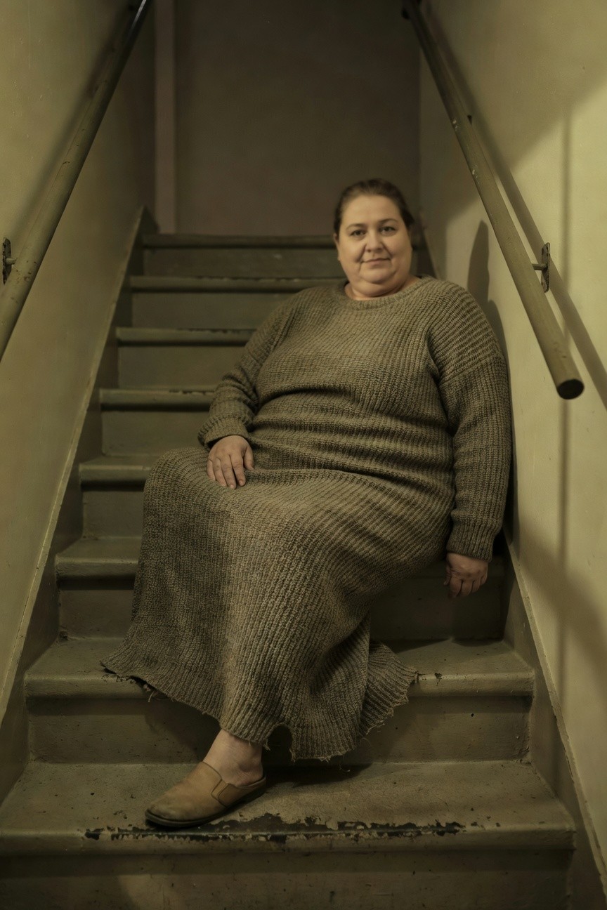 Plus-size woman seated on concrete stairs wearing an oversized chunky knit maxi dress in earthy brown with one tan mule loafer on her foot, casual relaxed pose