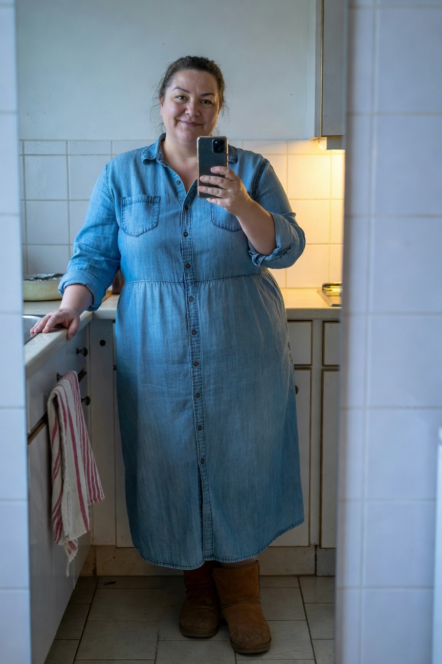 Plus-size woman smiling in a long blue button-front denim maxi dress with long sleeves and flared skirt, paired with brown Ugg boots, leaning on kitchen counter in selfie mirror shot