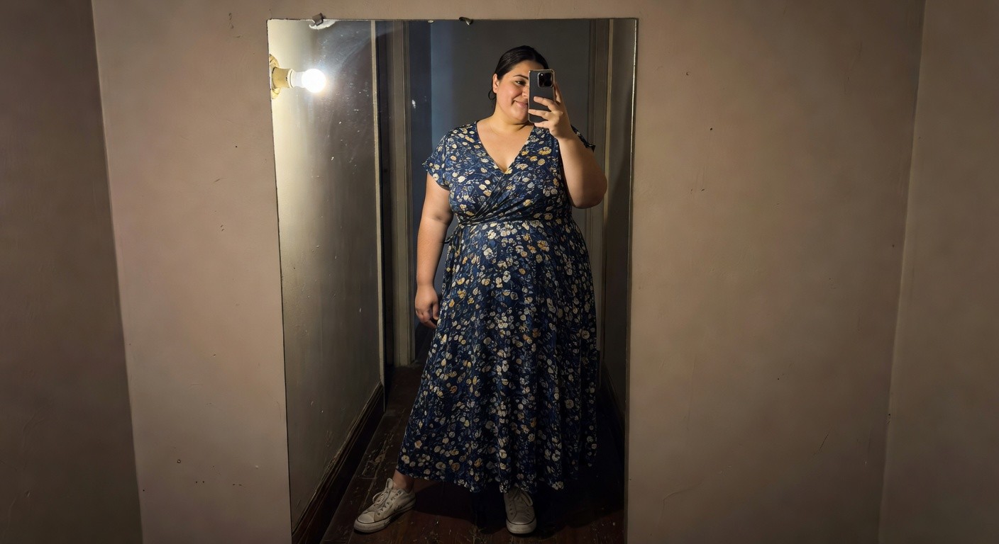 Plus-size woman taking a mirror selfie in a navy wrap maxi dress printed with white flowers, V-neckline, short sleeves, waist tie, paired with white Converse sneakers, standing in a narrow hallway with wood floors