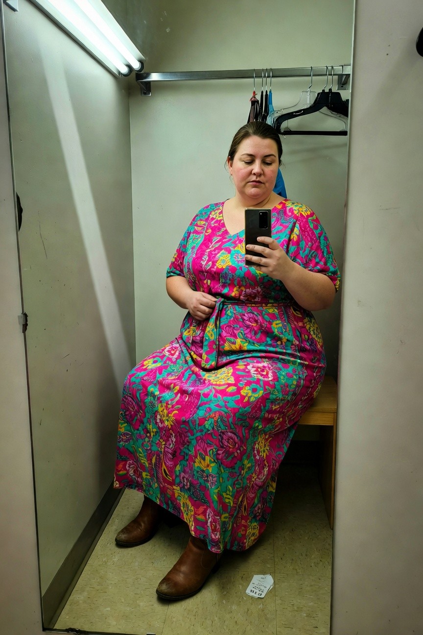 Plus-size woman sitting on a bench in a dressing room wearing a belted floral maxi dress in vibrant pink, teal, and green patterns with loose sleeves, paired with brown leather ankle boots, holding a phone and a price tag on the floor nearby