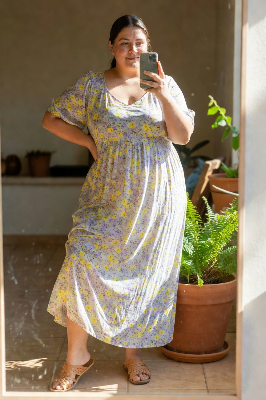 Plus-size woman selfie in a light gray floral maxi dress with yellow and purple daisies, puffed short sleeves, gathered waist, flowy skirt, and tan braided espadrille sandals, standing in a doorway mirror.