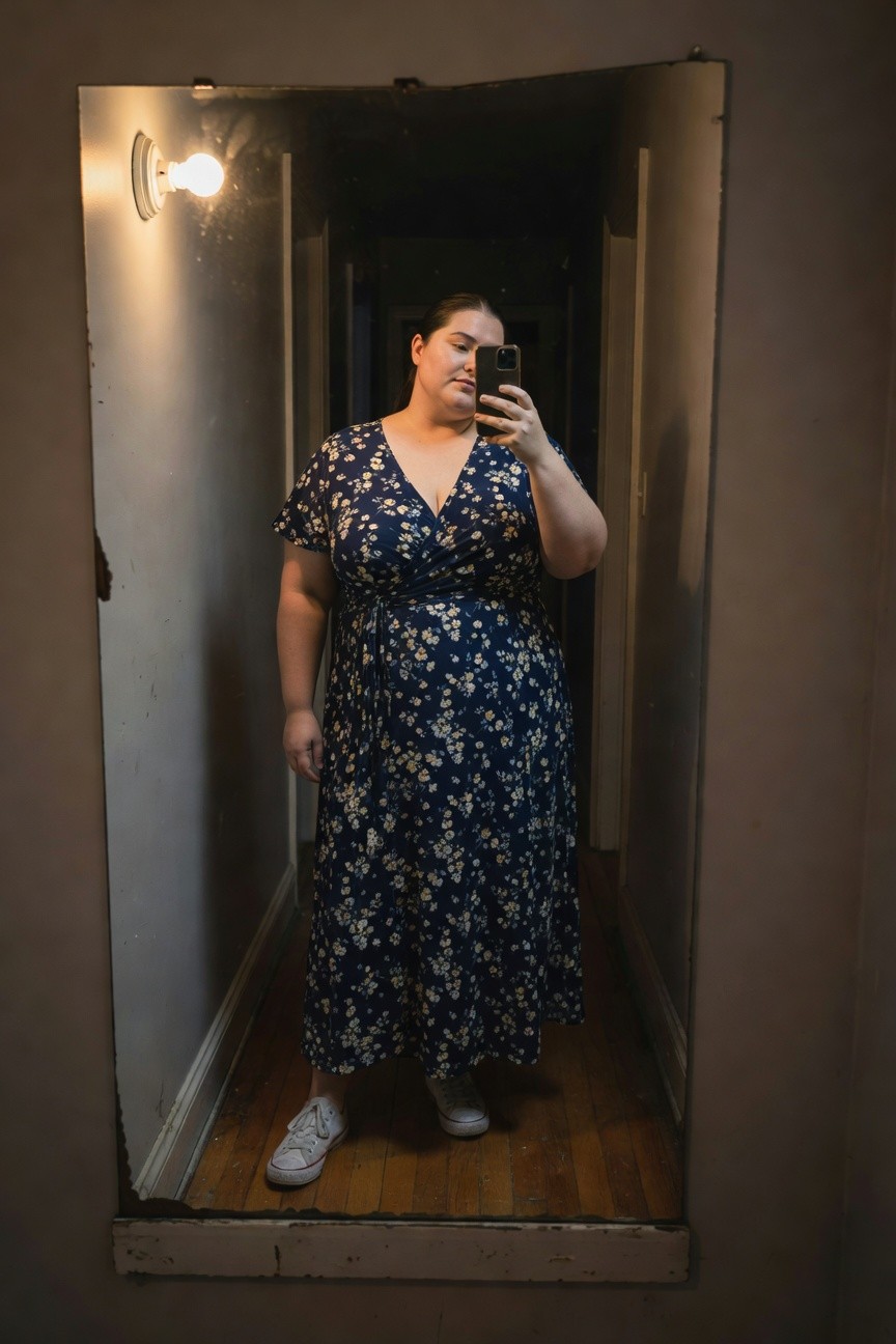 Plus-size woman taking a mirror selfie in a navy wrap maxi dress printed with white flowers, V-neckline, short sleeves, waist tie, paired with white Converse sneakers, standing in a narrow hallway with wood floors