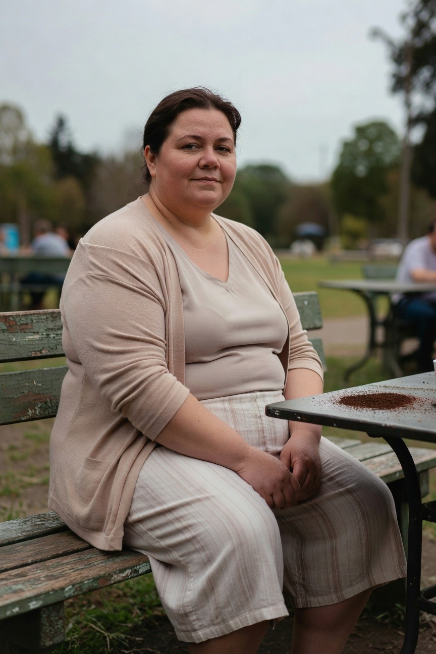 Plus-size woman with brown hair sitting on a wooden park bench in a beige open cardigan layered over a cream v-neck tank top and matching striped linen cropped pants, hands clasped at a metal table with spilled coffee grounds