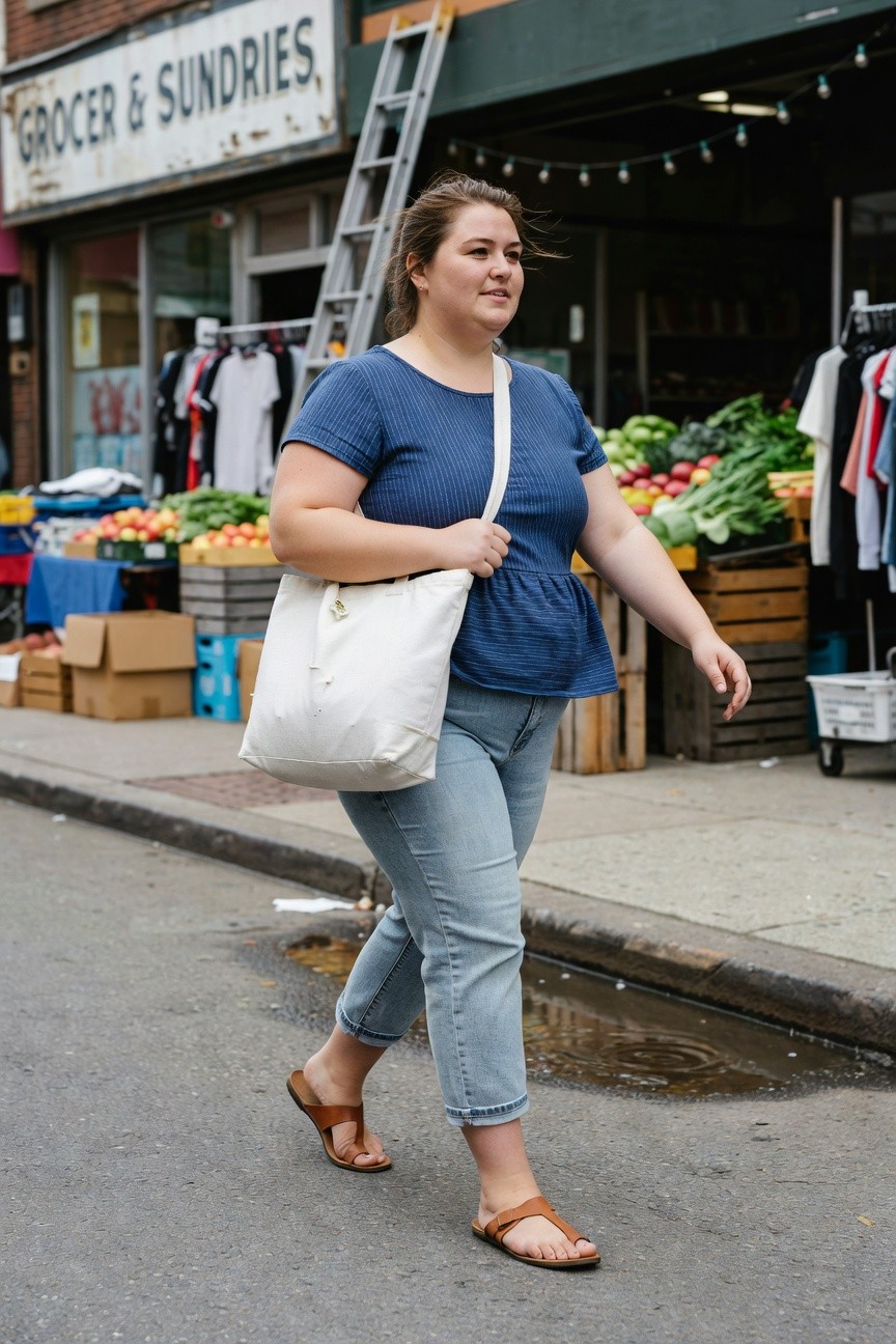 Plus-size woman with apple shape wearing a blue pinstriped peplum blouse, light wash cropped jeans, white canvas tote bag, and tan strappy sandals, viewed from side angle on urban sidewalk