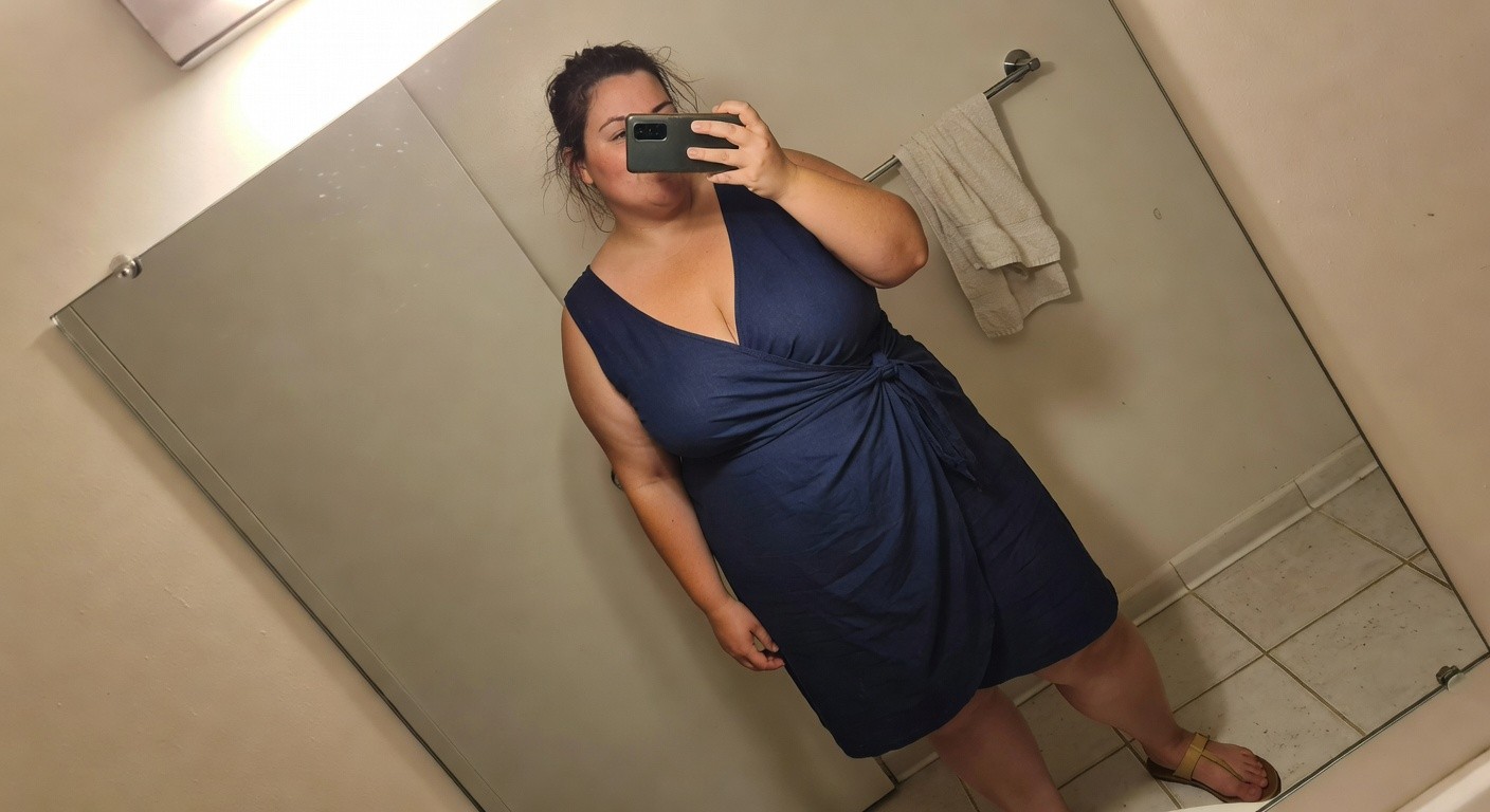 Plus-size woman with curly dark hair in a sleeveless navy blue wrap dress with deep V-neck and tie waist, standing in front of a bathroom mirror holding her phone for a selfie, wearing tan thong sandals on tiled floor