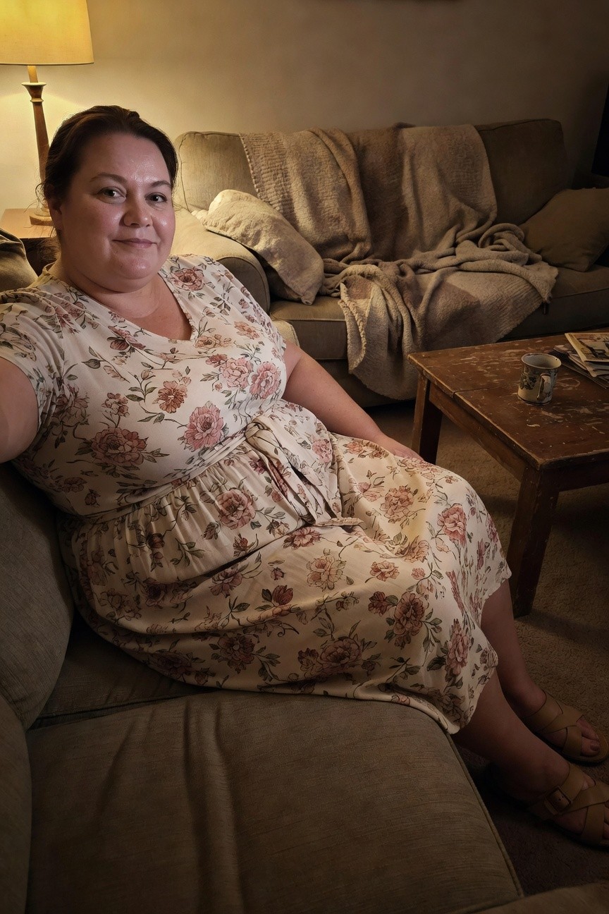 Plus-size woman with round face and figure seated on a couch in a cream-colored floral print short-sleeve dress with V-neck, tie belt at waist, and nude cross-strap sandals, warm indoor lighting