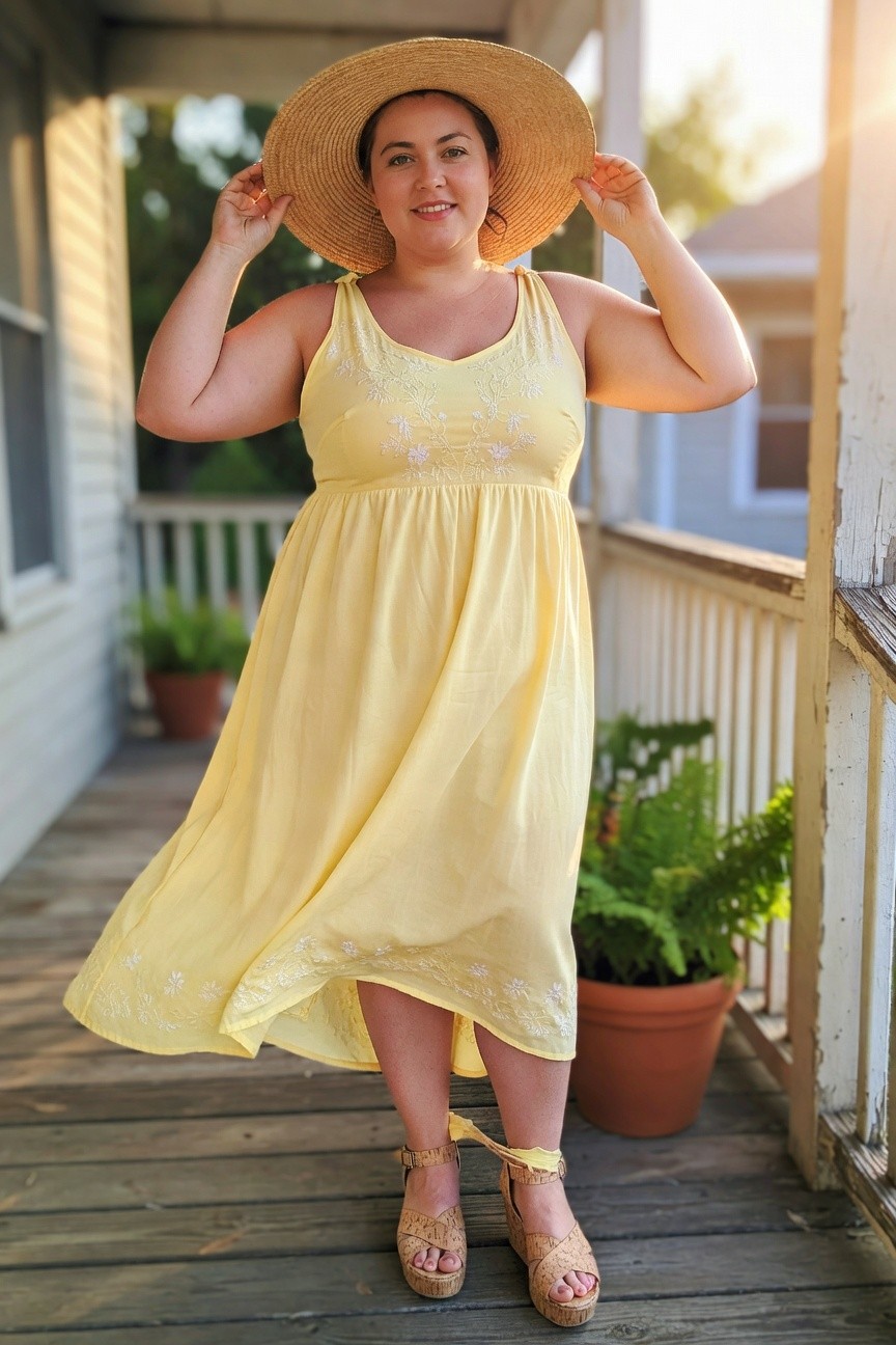 Plus-size woman with curly dark hair wearing a pale yellow embroidered tank sundress with gathered waist and flowy skirt, holding a wide-brim straw hat, paired with tan cork wedge sandals featuring ankle straps, standing on a porch railing in front