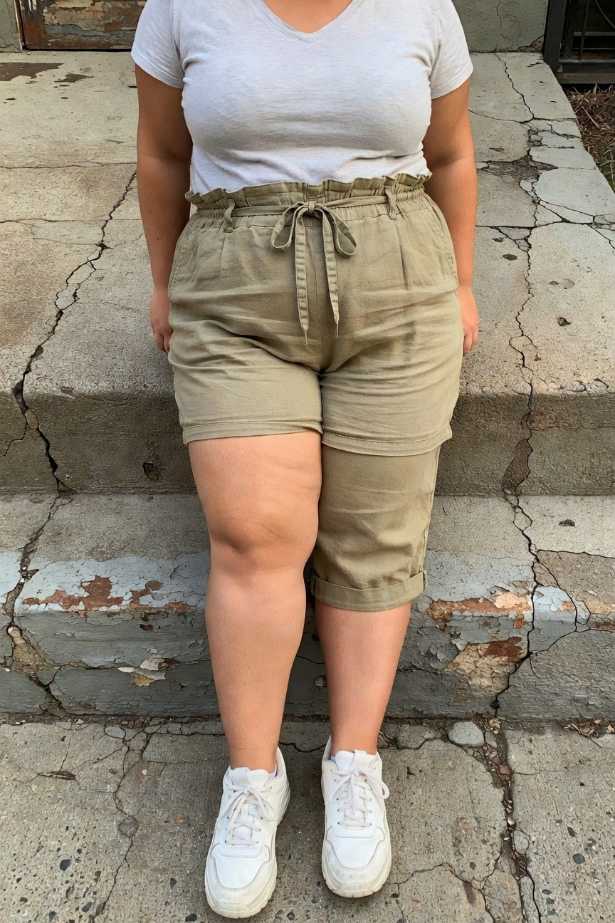 Plus-size woman with curvy figure sitting on concrete steps wearing a fitted gray V-neck t-shirt, gathered khaki drawstring shorts ending mid-thigh, and white lace-up sneakers