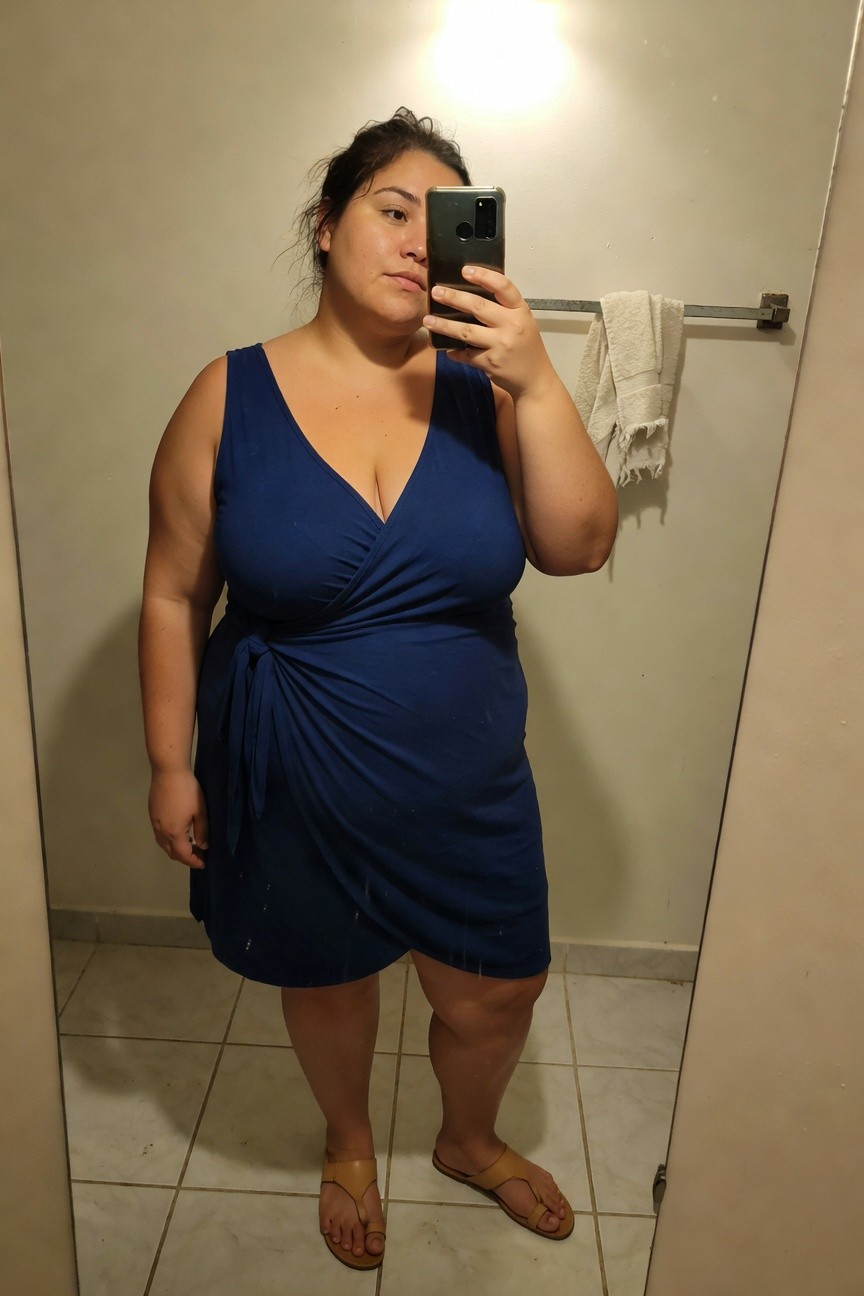 Plus-size woman with curly dark hair in a sleeveless navy blue wrap dress with deep V-neck and tie waist, standing in front of a bathroom mirror holding her phone for a selfie, wearing tan thong sandals on tiled floor