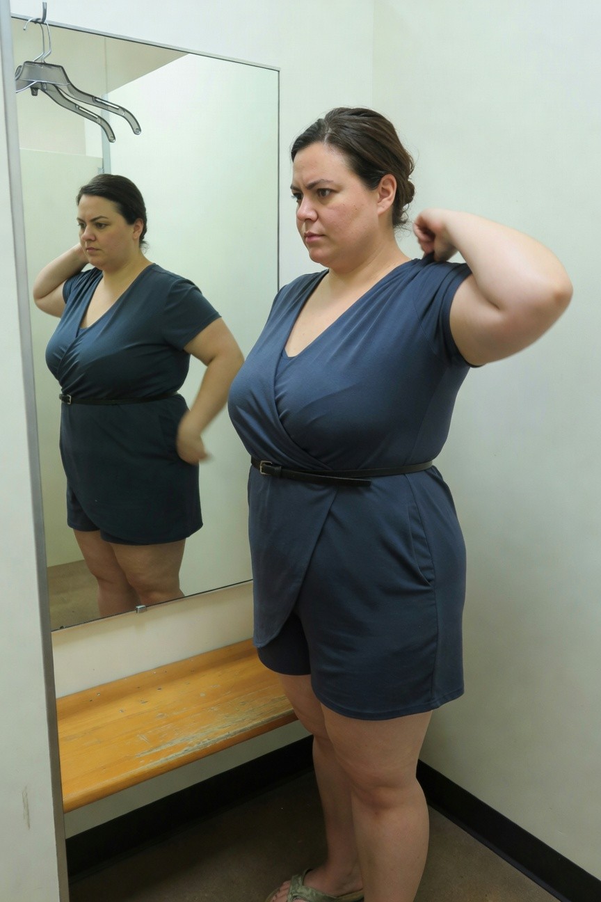 Plus-size woman with brown hair in a navy blue wrap-front short jumpsuit with belt, standing in a fitting room mirror, raising one arm, wearing sandals, side and front views visible.