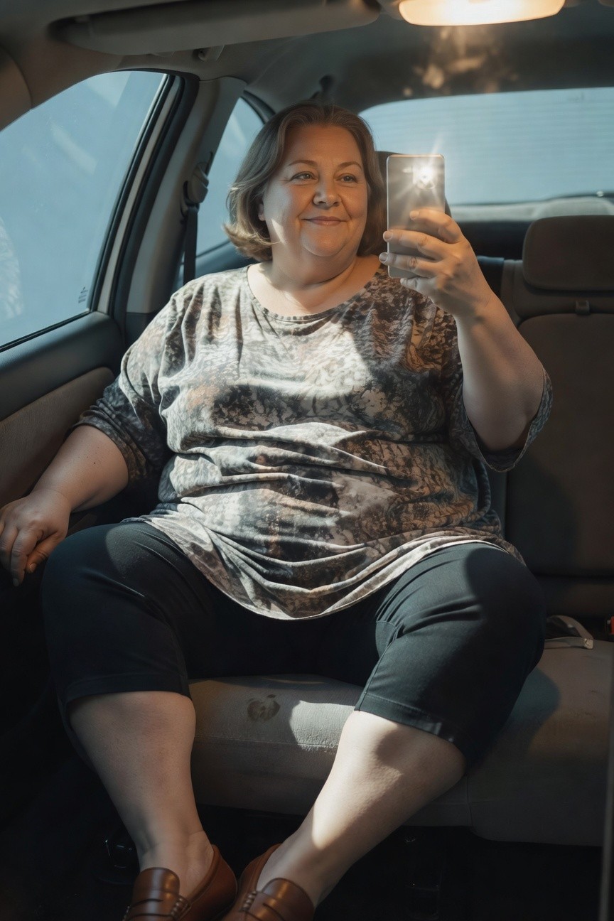 Plus-size woman with blonde bob haircut smiling in selfie inside car, wearing loose gray patterned long-sleeve blouse, black cropped pants, and brown loafers, holding phone.