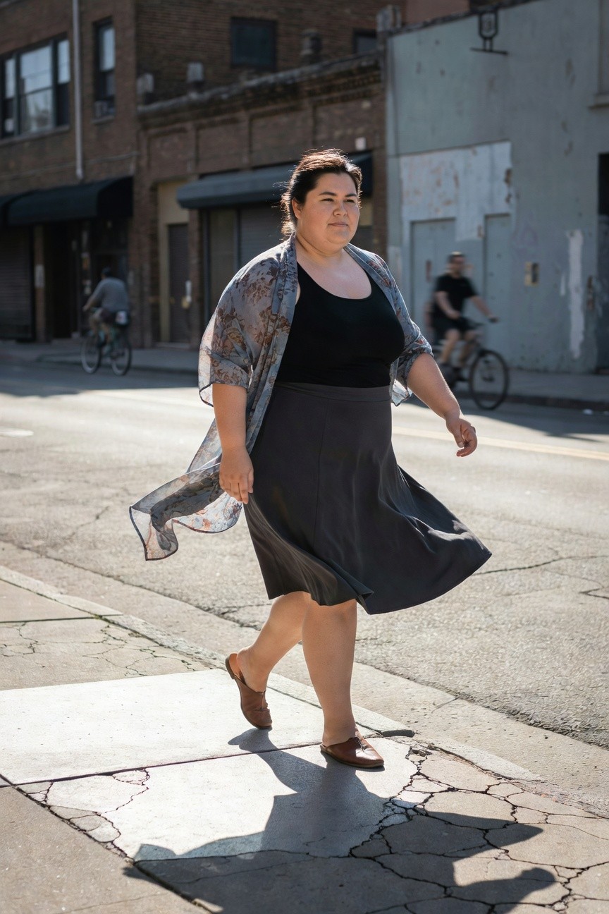 Plus-size woman with brown hair wearing a sheer printed gray-blue kimono jacket over black tank top and flared black A-line midi skirt, brown leather mule sandals, walking across a street with skirt and jacket flowing