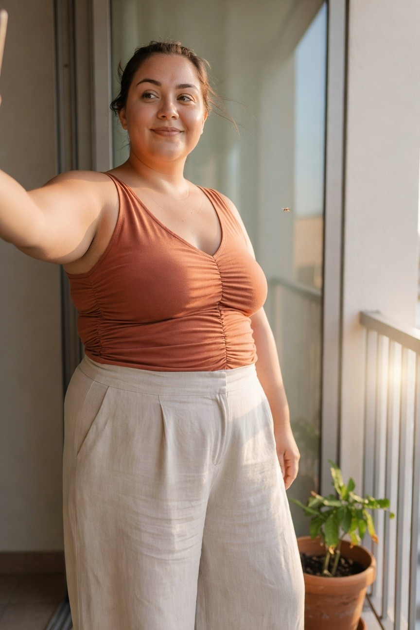 Plus-size woman with smiling expression taking a selfie in a rust ruched sleeveless tank top with deep V-neck and high-waisted beige wide-leg linen pleated trousers, standing on a balcony railing
