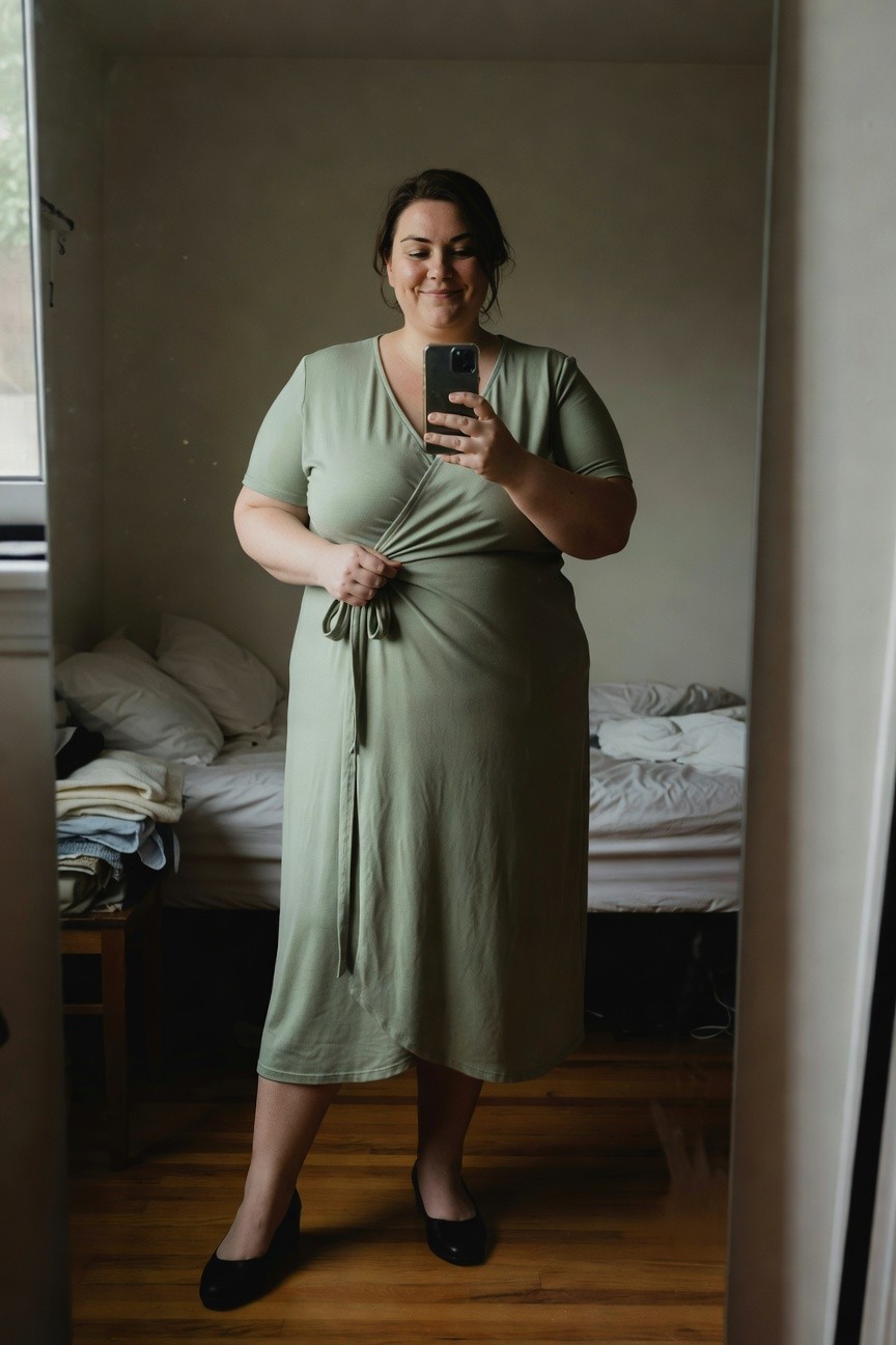 Plus-size woman smiling in mirror selfie wearing sage green short-sleeve wrap midi dress tied at waist with black low wedge heels, bedroom background with bed and clothes.