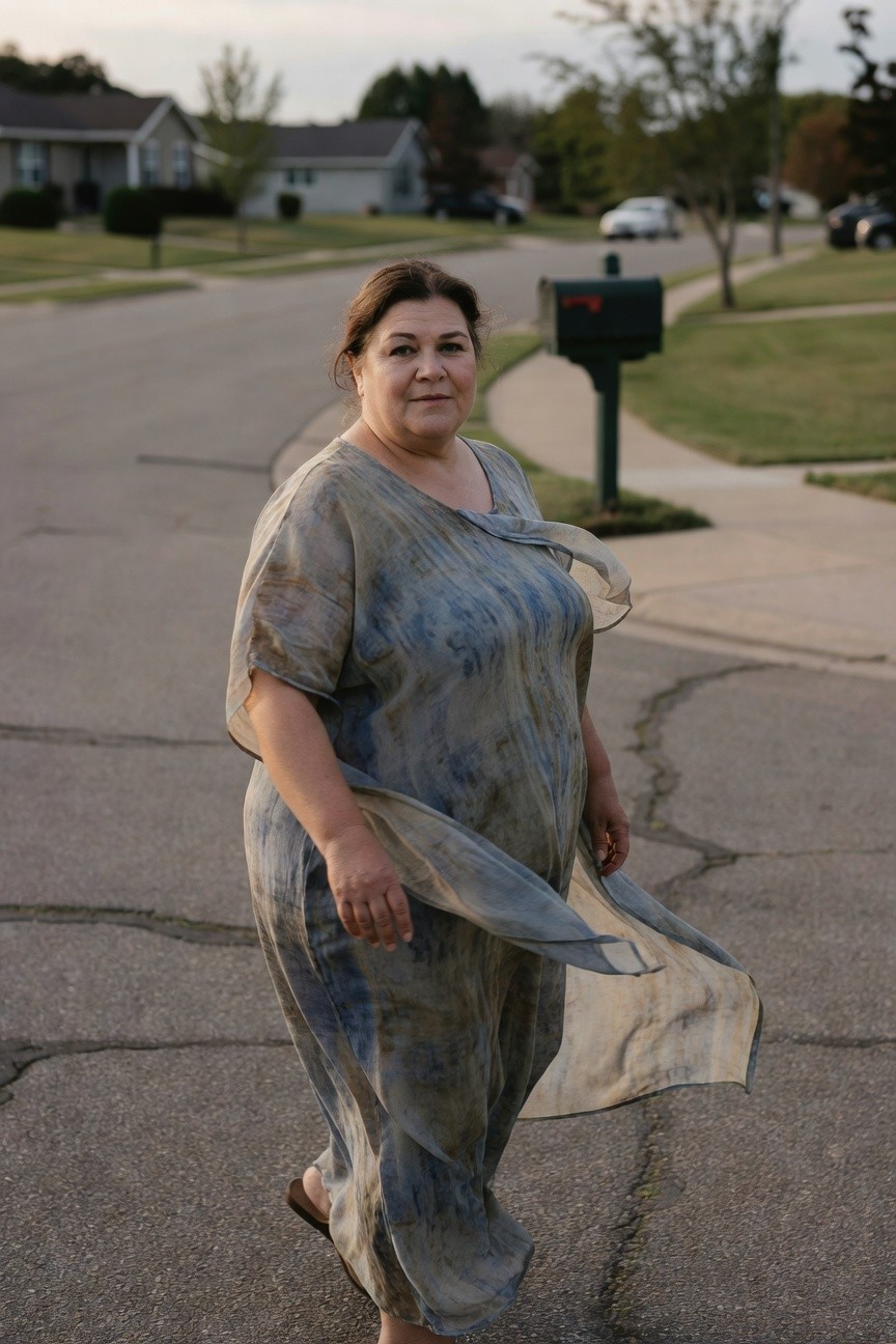 Plus-size woman wearing a loose sheer batik maxi dress in gray-blue tones with wide sleeves and flat sandals, standing on a cracked street