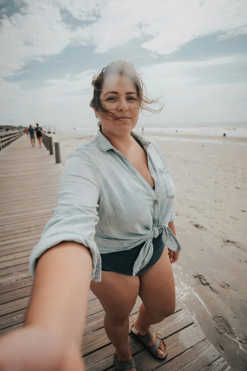 Plus-size woman in light wash denim button-up shirt open and tied at waist over black high-waisted swimsuit bottoms, standing on wooden pier in strappy flat sandals, selfie-style photo with arm extended