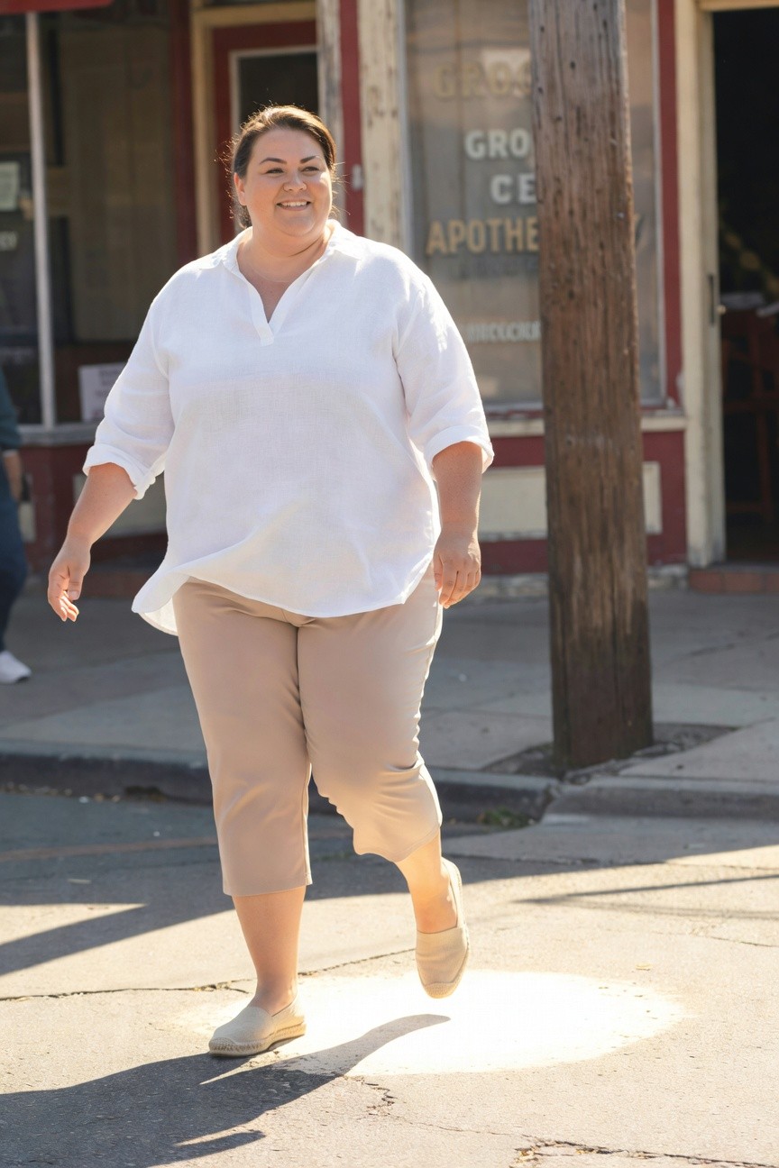 Plus-size woman with apple shape wearing a loose white linen V-neck blouse with three-quarter sleeves, beige cropped straight-leg capri pants, and tan espadrille wedge sandals, walking casually