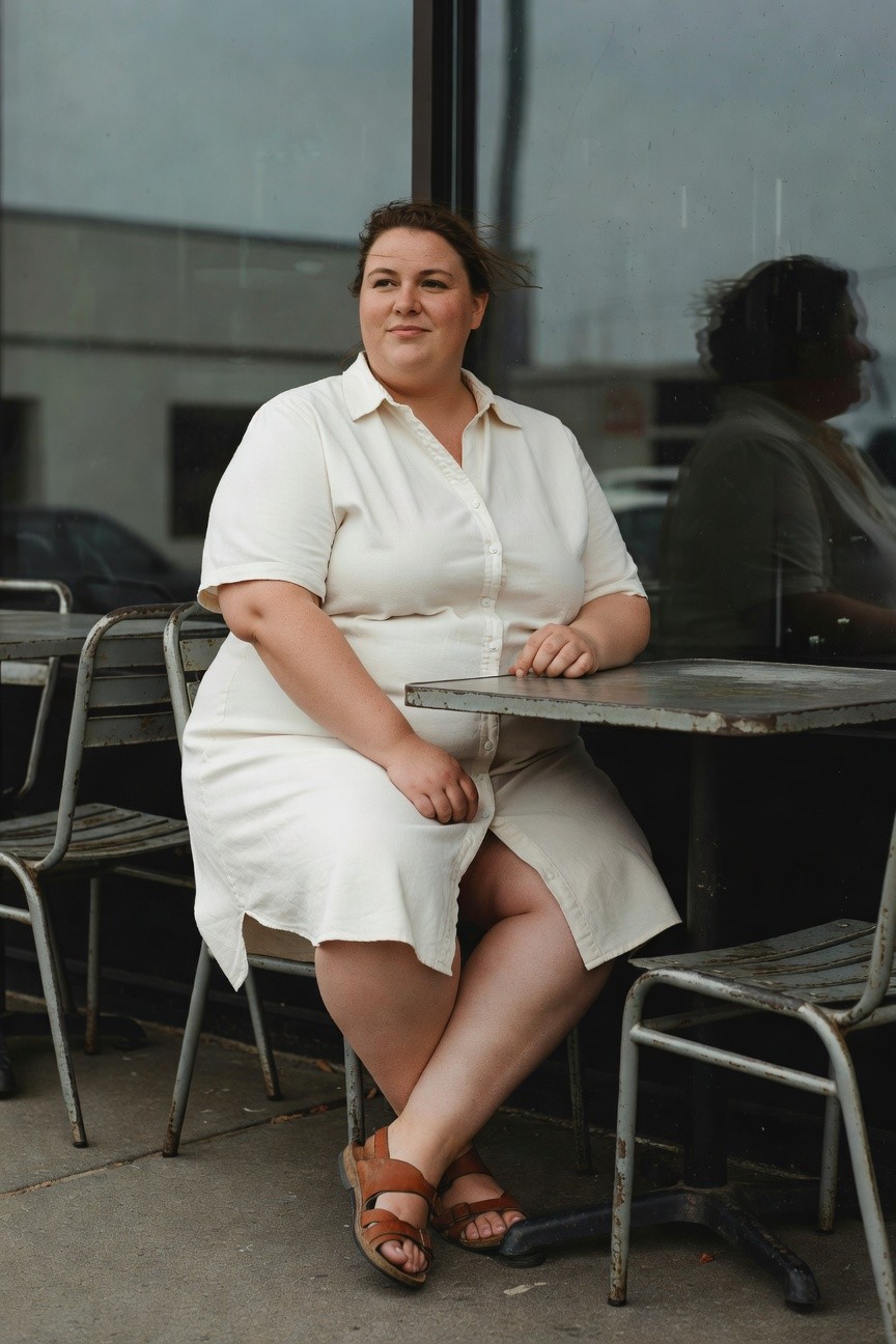 Plus-size woman with brown hair wearing a loose white short-sleeve button-front shirtdress and tan leather strappy sandals, seated at a metal table outdoors