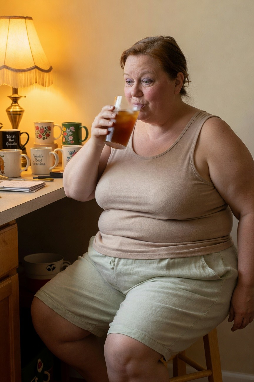 Plus-size woman with red hair wearing a loose beige tank top and light green linen shorts, sitting on a stool at a desk while sipping iced tea from a straw, surrounded by mugs and papers