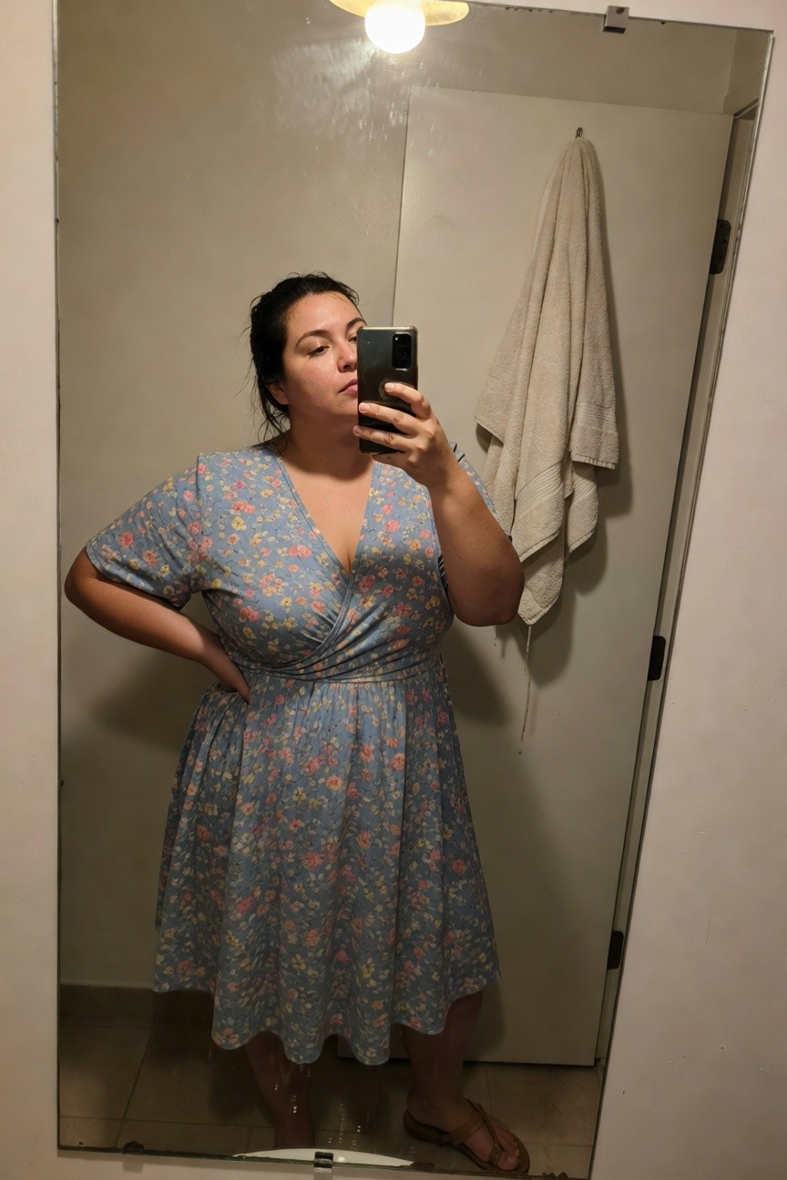Plus-size woman with dark hair taking a mirror selfie in a light blue floral wrap dress with short sleeves, V-neckline, A-line skirt, hands on hips, wearing tan flip-flop sandals in a bathroom setting