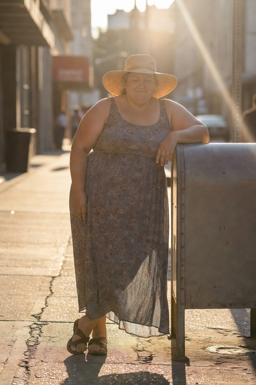 Plus-size woman wearing a semi-sheer floral print maxi dress with thin straps, beige wide-brim straw hat, and brown cross-strap sandals, leaning casually on a metal mailbox.