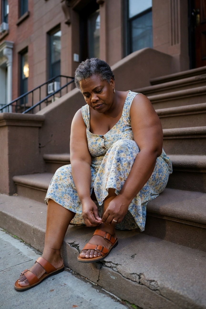 Plus-size Black woman with short gray hair sitting on stone steps wearing sleeveless knee-length cream floral sundress with blue flowers and tan double-strap leather sandals adjusting buckle on one foot