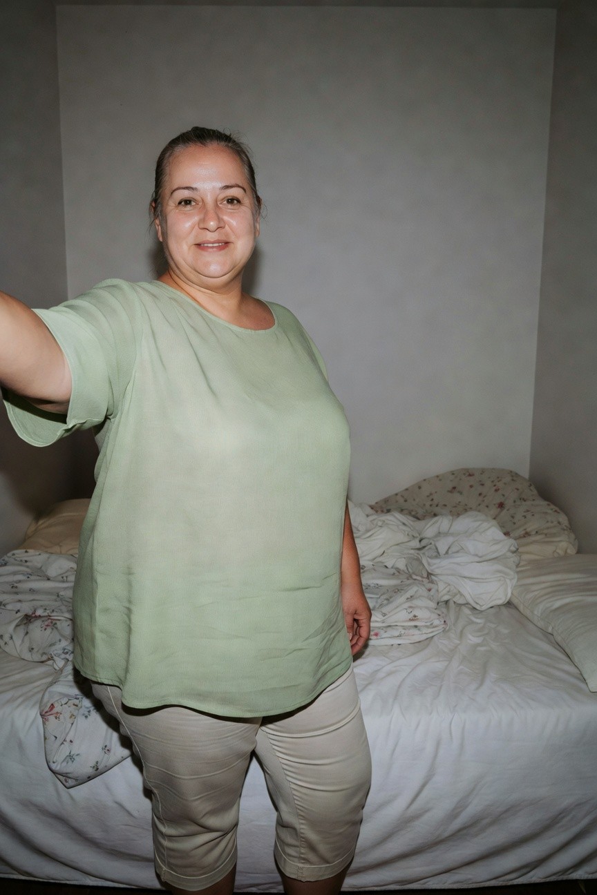 Plus-size woman smiling in a loose light green boat-neck blouse with flutter sleeves and beige cropped straight-leg pants, standing beside a bed in a casual bedroom setting