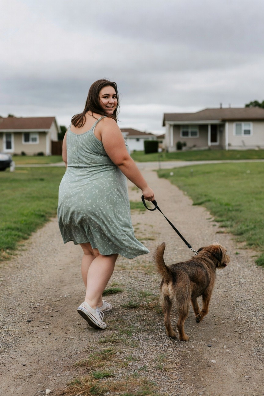 Plus-size woman from behind walking a brown dog on a gravel path, wearing a flowy mint green floral print spaghetti-strap sundress mid-thigh length and white low-top Converse sneakers, holding a black leash