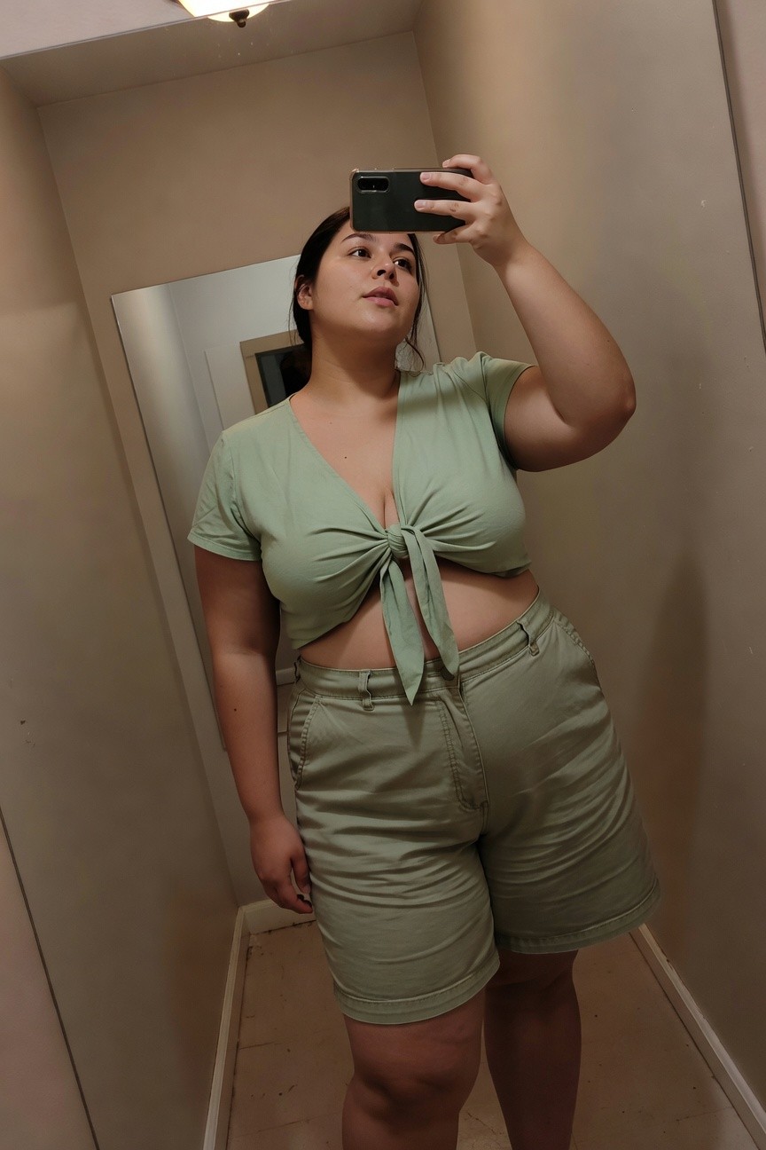 Plus-size woman taking a mirror selfie in a bathroom, wearing a mint green short-sleeve crop top with deep V-neck and center tie knot exposing midriff, paired with matching high-waisted shorts, casual pose showing arms, belly, and thighs.