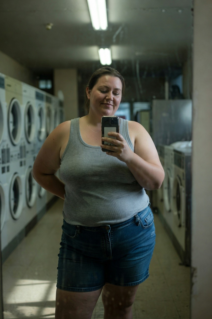 Plus-size woman in a grey ribbed sleeveless tank top and short blue denim cutoffs, posing confidently with hands on hips in a laundromat selfie