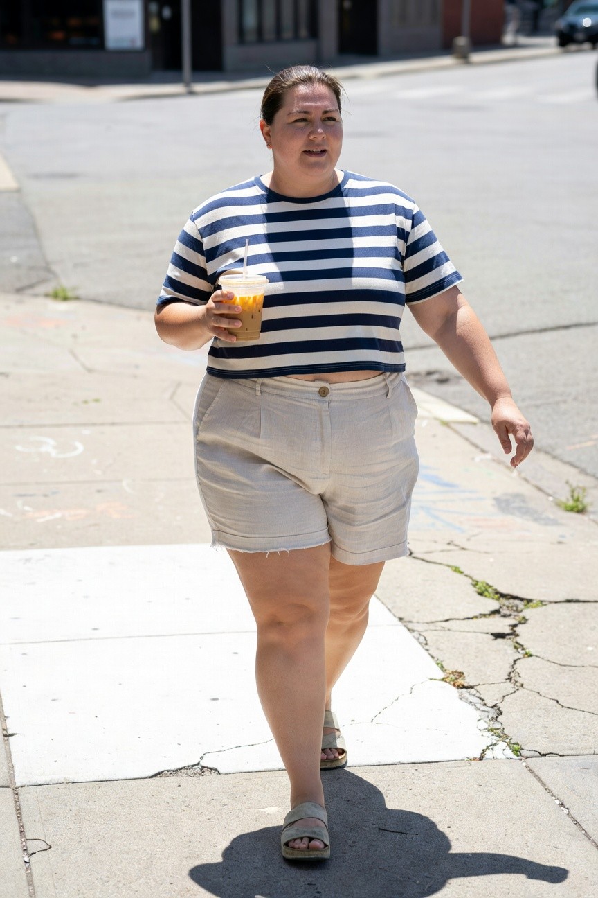 Plus-size woman in navy and white horizontal striped cropped short-sleeve t-shirt, light beige linen mid-thigh shorts with button front and frayed hems, tan flat sandals, holding iced coffee cup while walking on urban sidewalk