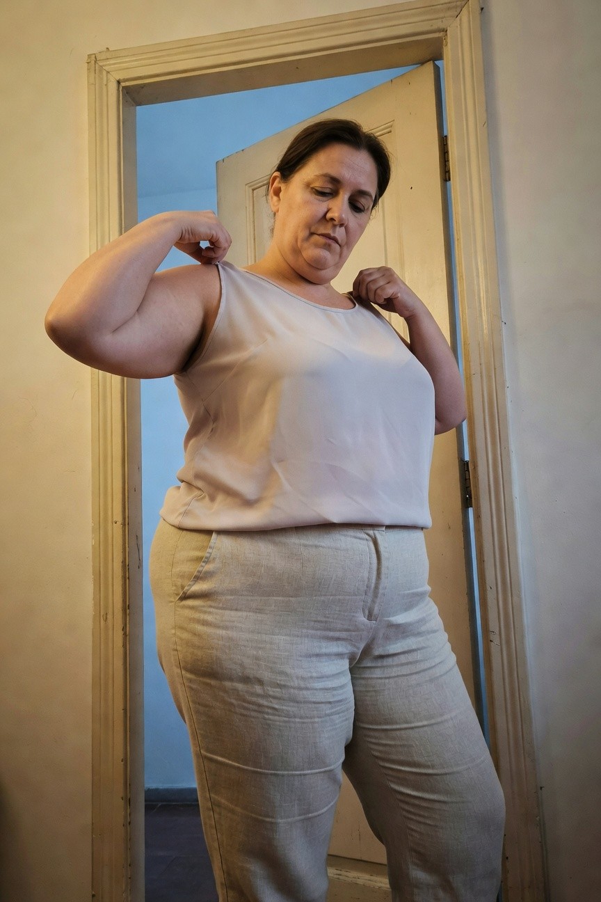 Plus-size woman flexing her arms while wearing a pale beige sleeveless tank top and wide-leg beige linen pants, standing in a doorway