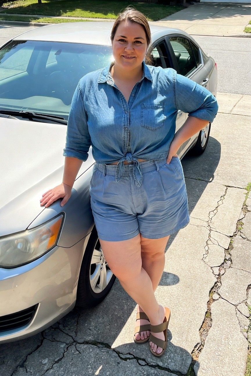 Plus-size woman in light blue denim button-down shirt tied at the waist, matching wide-leg blue shorts, and brown strap sandals, posing confidently with hand on hip next to a car