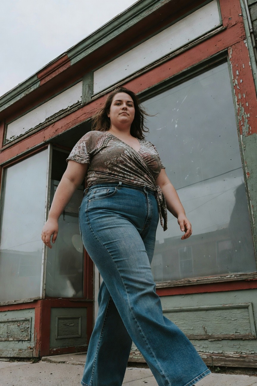 Plus-size woman in a printed beige and brown paisley wrap top with short sleeves and high-waisted blue wide-leg jeans, walking outdoors in front of an old building