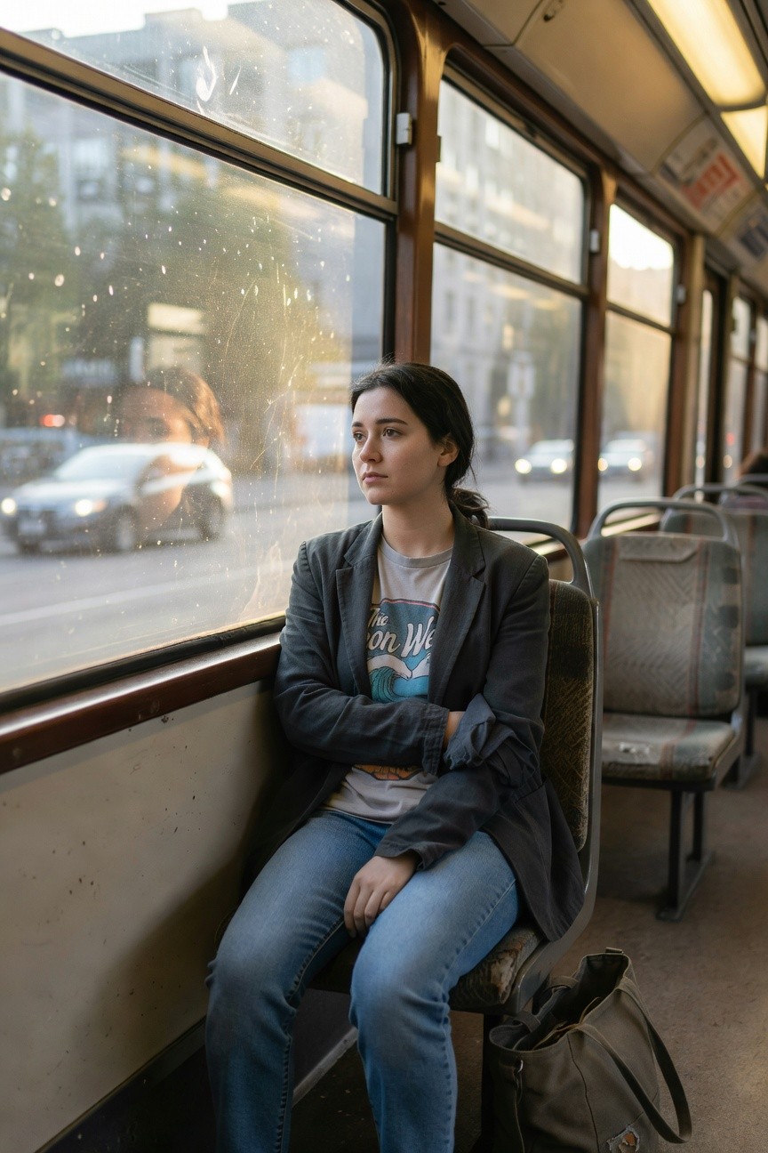 Woman sitting with gray blazer layered over graphic wave tee and blue straight jeans, brown tote bag on floor, arms crossed casually