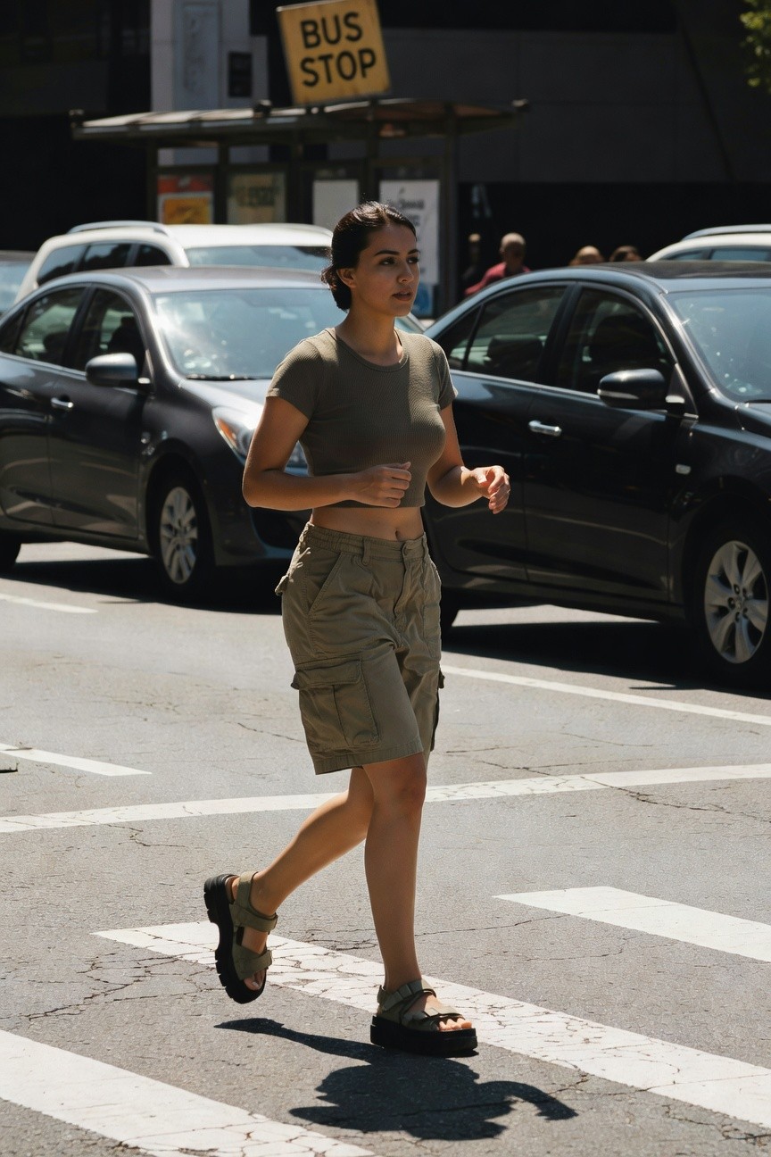 Young woman walking in casual outfit: olive green crop top and khaki shorts.