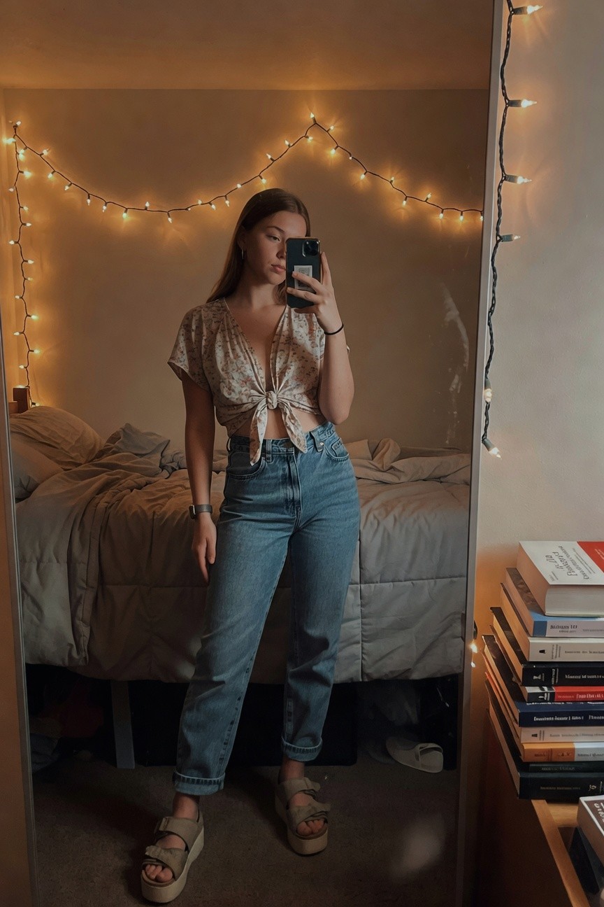 Young woman taking a mirror selfie in a cropped short-sleeve floral blouse tied at the midriff over high-waisted relaxed blue jeans and tan platform sandals, with a silver watch and bracelet as accessories