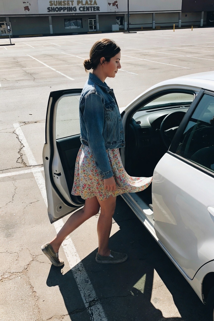 Young woman in blue denim jacket over short pale floral mini dress with colorful blooms, grey slip-on sneakers, stepping with car door open, side profile in empty parking lot