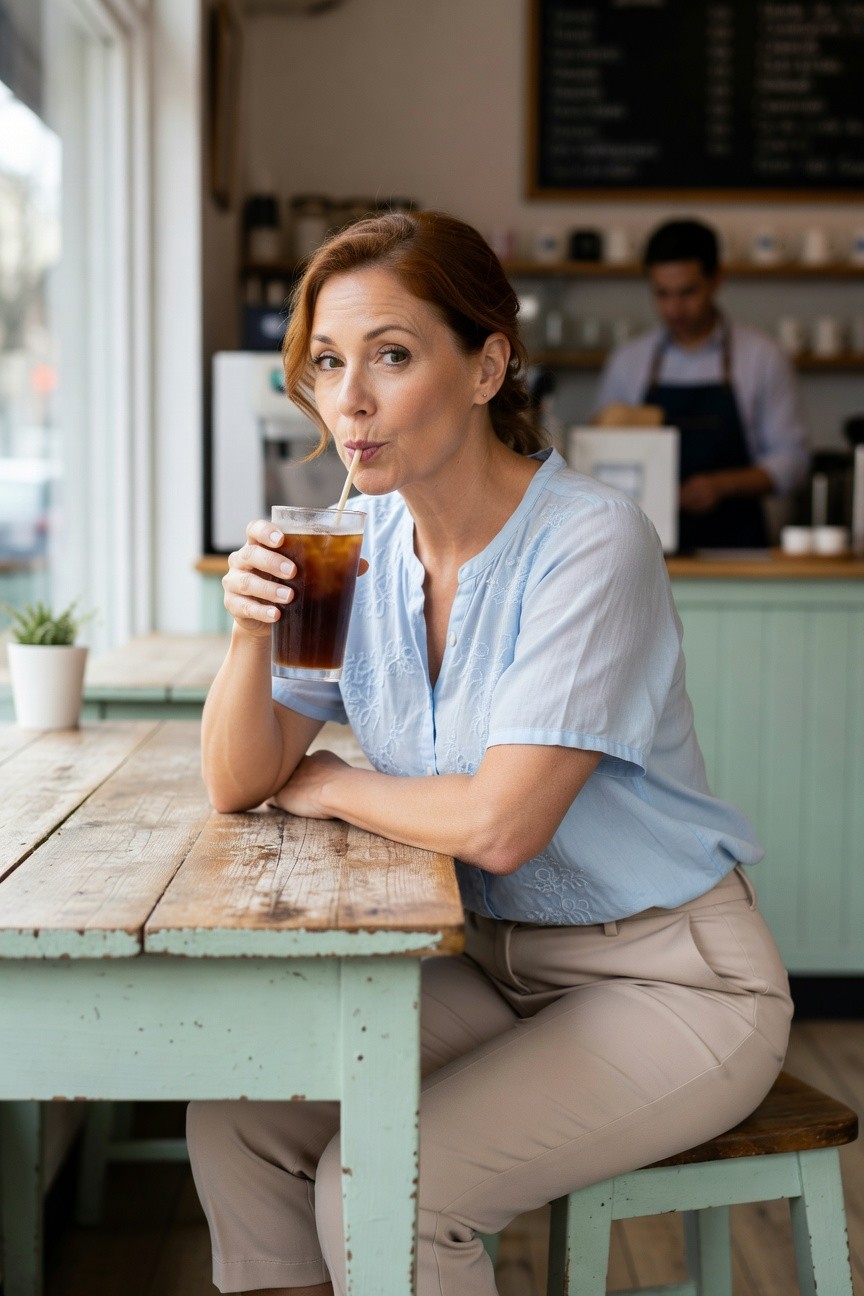 Woman with red hair in ponytail wearing light blue embroidered short-sleeve blouse and beige straight-leg trousers, sipping iced coffee through a straw while seated at a cafe table
