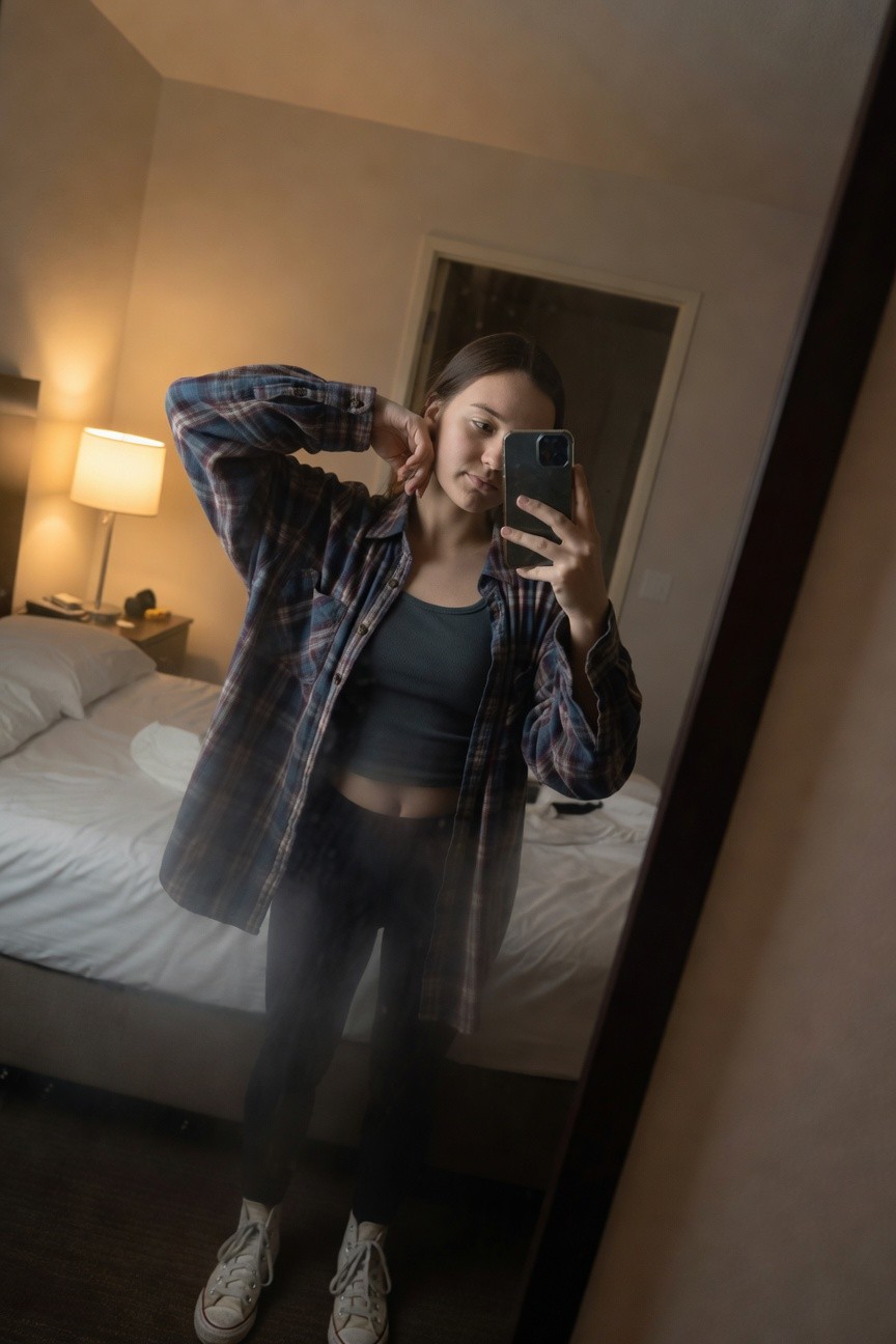 Mirror selfie of woman in oversized open plaid flannel shirt over black ribbed crop top exposing midriff, high-waisted black leggings, and white Converse sneakers in a bedroom setting