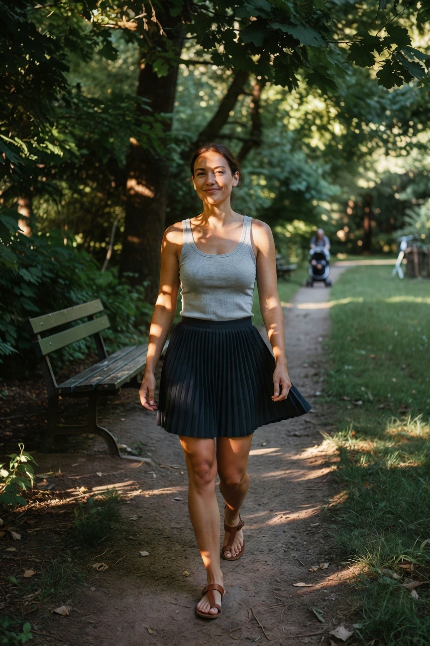 Woman in gray ribbed sleeveless tank top, black pleated mini skirt, and tan strap sandals, walking on a path with hands relaxed at sides